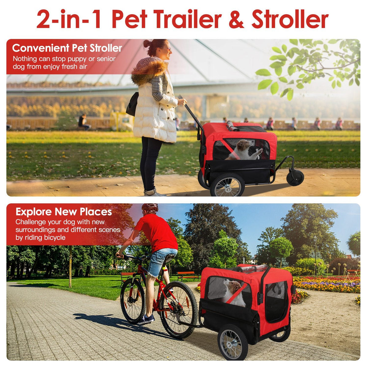 2-in-1 Pet Bike Trailer And Stroller with Canopy Bicycle Carrier Bicycle Cargo Wagon Trailer 44LBS Weight Capacity For Small Medium Dogs Cats