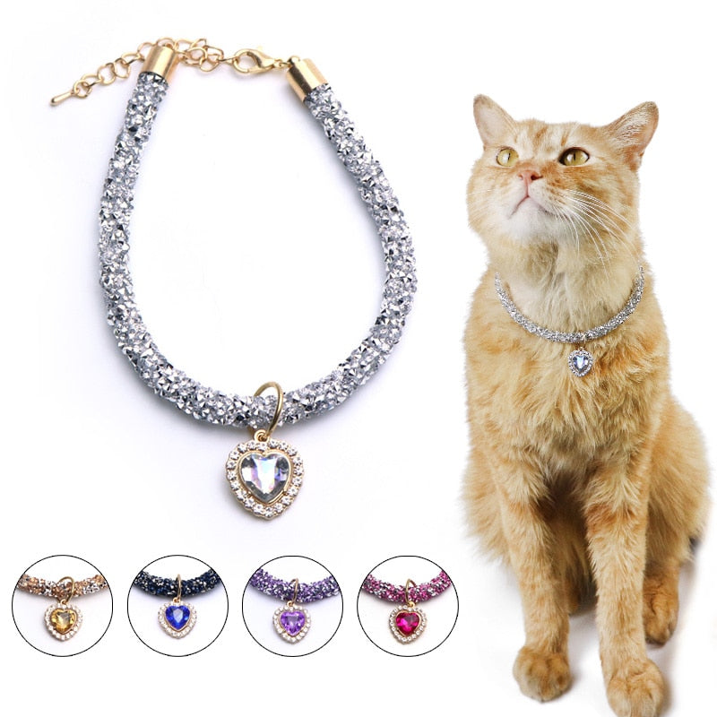 Cat Collar Heart Jewel Pendant Party Reflex Rhinestone Necklace